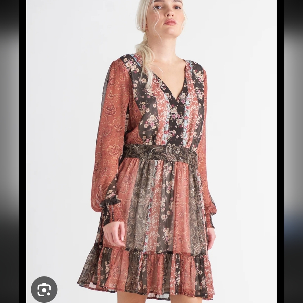 Dex Banded Waist Floral Flounce Hem Rust Dress Sz Xl